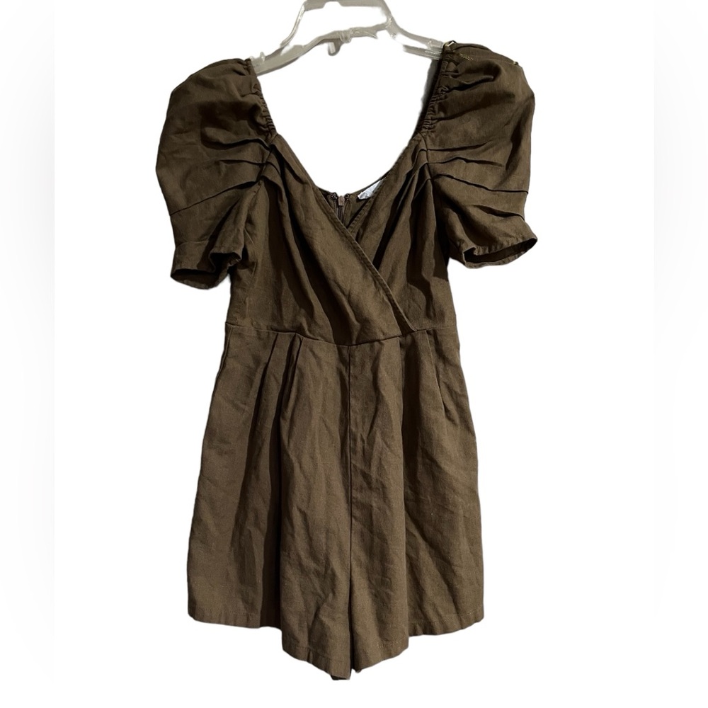 All in Favor Women Brown Puff Sleeve Linen Blend Short Romper Size XS